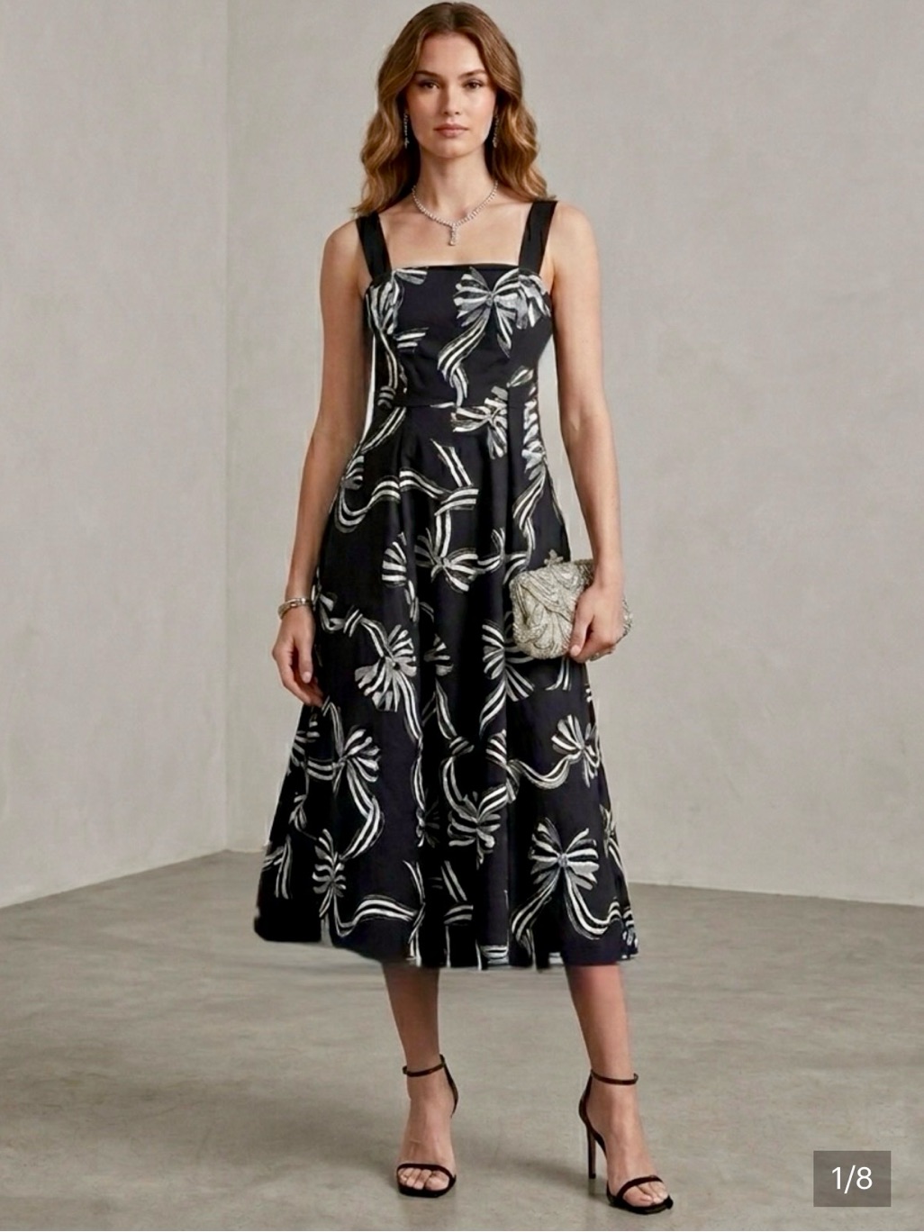 Kate Spade Bow-Tiful Bow Dress 8 Black Midi White Bow Print Cocktail